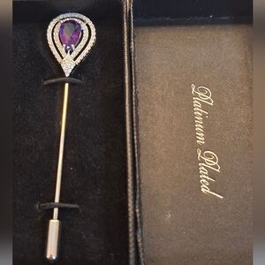 Vintage Gold Coast Amethyst🔮 CZ Platinum Plated Silver Brooch Lapel Stick Pin
